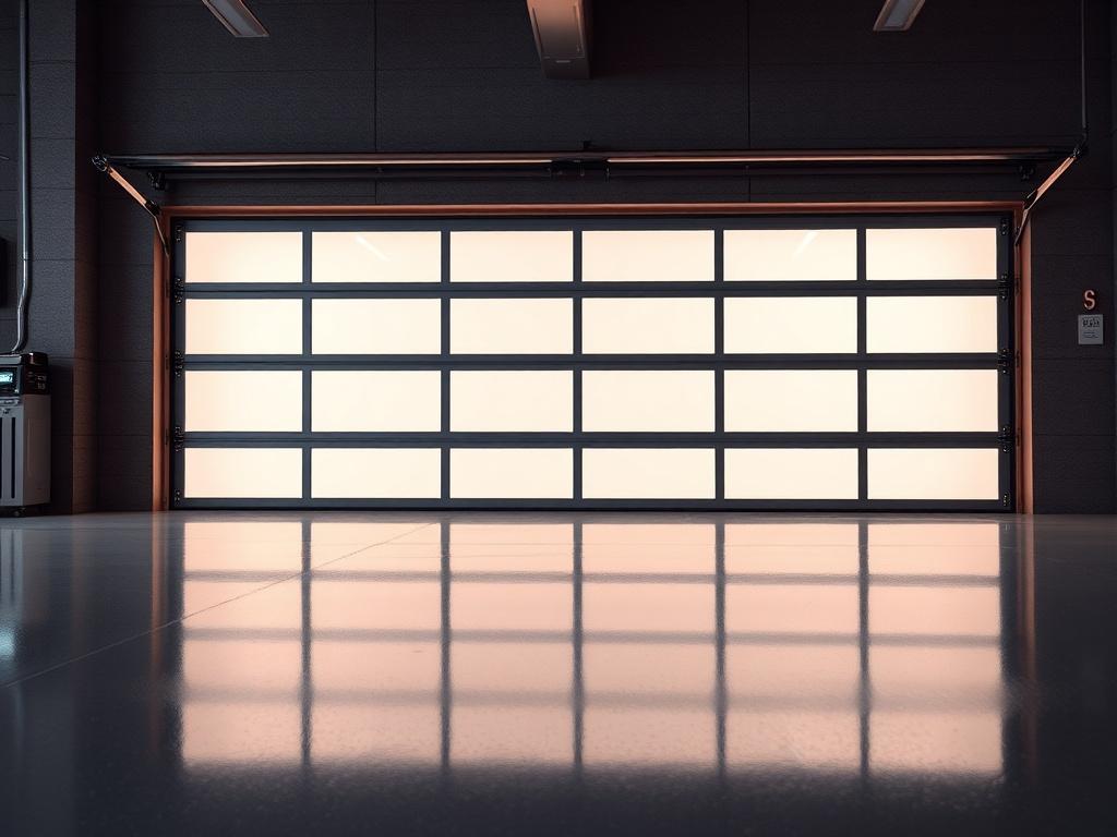A close-up shot of a sleek, modern garage door with a high-end finish, showcasing its elegant design and sturdy construction. The background features a well-maintained garage floor with a glossy, high-performance coating that reflects light, emphasizing its durability and attractiveness. The image should be captured with a 45mm f/1.2 lens style, focusing on the details of the door and floor, while the overall ambiance conveys a sense of luxury and functionality.