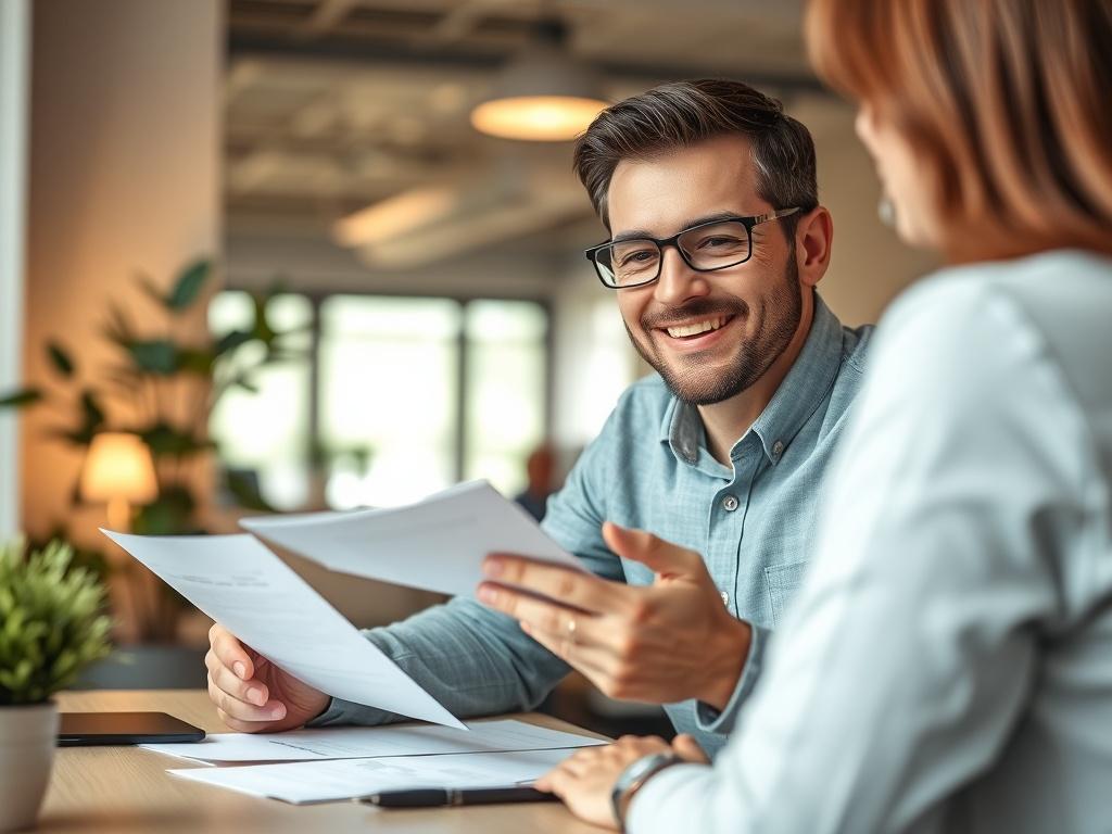 A close-up shot of a friendly mortgage advisor sitting at a desk, engaging with a client. The background features a modern office with soft lighting and a plant. The advisor is reviewing documents and smiling, conveying a sense of trust and professionalism. The focus is on the advisor and client interaction, showcasing the personal touch of mortgage guidance.