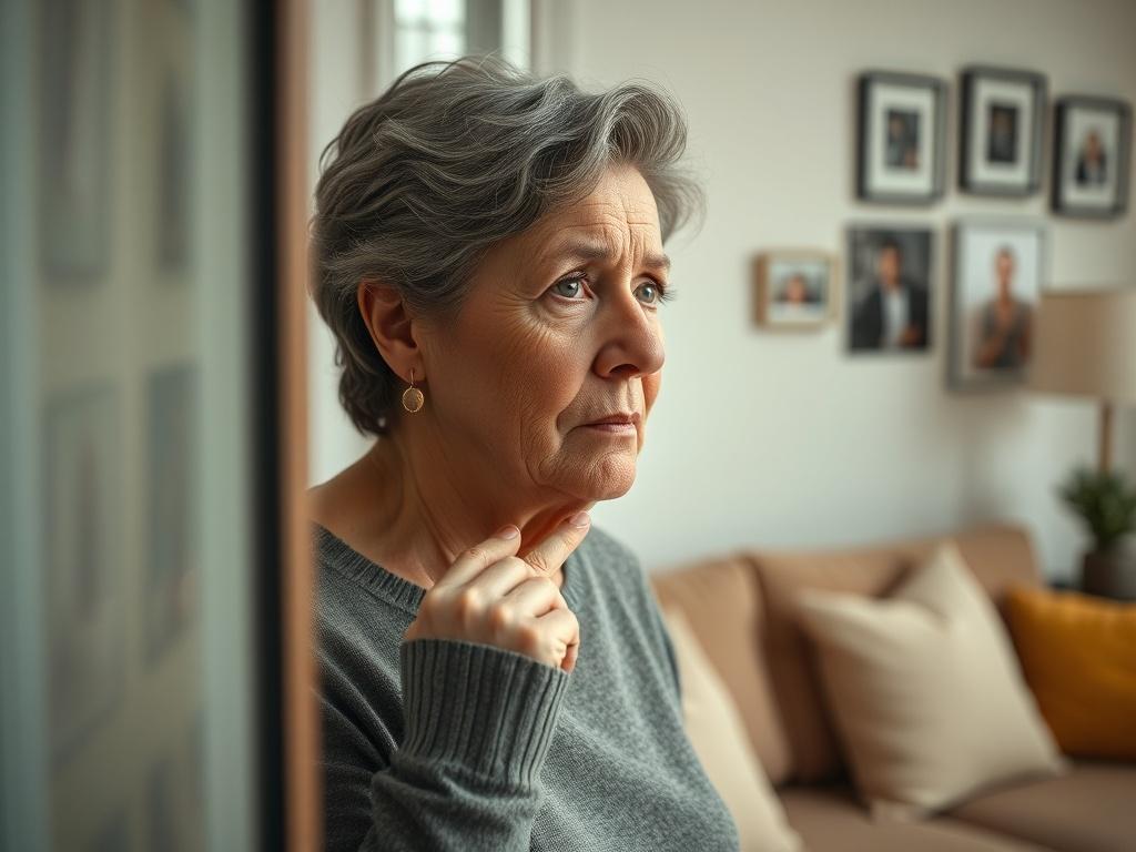 Create a realistic high-resolution photo that captures the essence of a family in a moment of concern and care regarding medical repatriation. The image should feature a single subject: a middle-aged woman, thoughtfully looking out a window with a worried expression, symbolizing the emotional weight families feel when contemplating the journey of a medically compromised loved one. 

The composition should be simple and clear, focusing solely on her, with soft, natural lighting that highlights her features a
