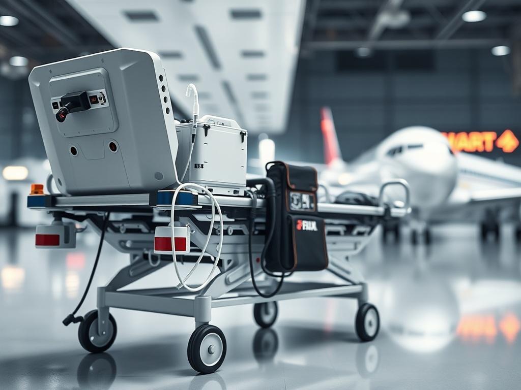 Create a realistic high-resolution photo to reflect a blog titled "Airline Battery Policy Changes & What They Mean for Medical Repatriation Flights." In the foreground, feature a single, focused subject: a close-up of a medical transport device, specifically a commercial stretcher fitted with medical equipment, such as a portable oxygen concentrator and a rechargeable battery pack. The stretcher should be displayed in a sterile, clinical environment, emphasizing its connection to medical repatriation.

In t