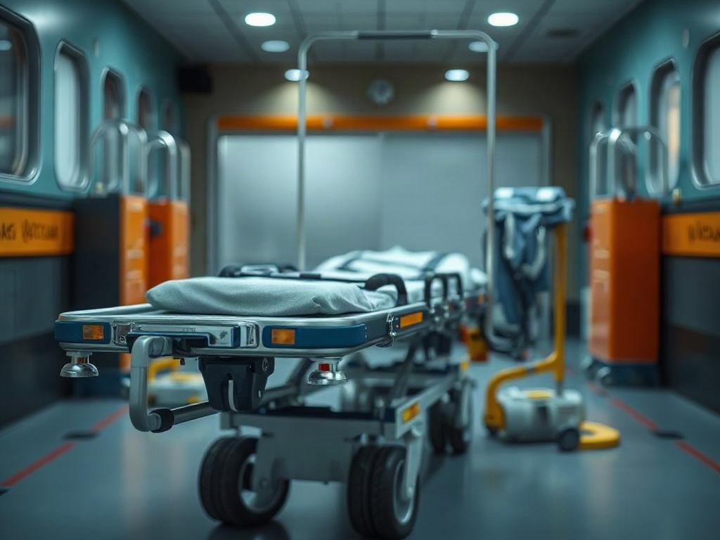 A close-up shot of a high-quality commercial stretcher, designed for medical transport. The stretcher should be shown on a clinical background, emphasizing its safety features and sturdy design. The focus should be on the stretcher's materials and craftsmanship, with soft lighting to highlight its details.