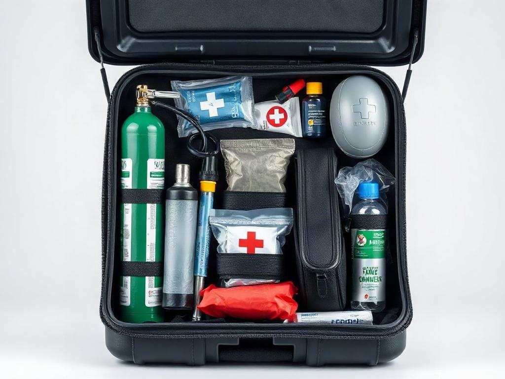 A close-up shot of a well-organized medical escort kit, displaying its contents such as portable oxygen tanks and emergency medical supplies. The background should be neutral to accentuate the kit's practicality and essential items, conveying readiness for medical situations.