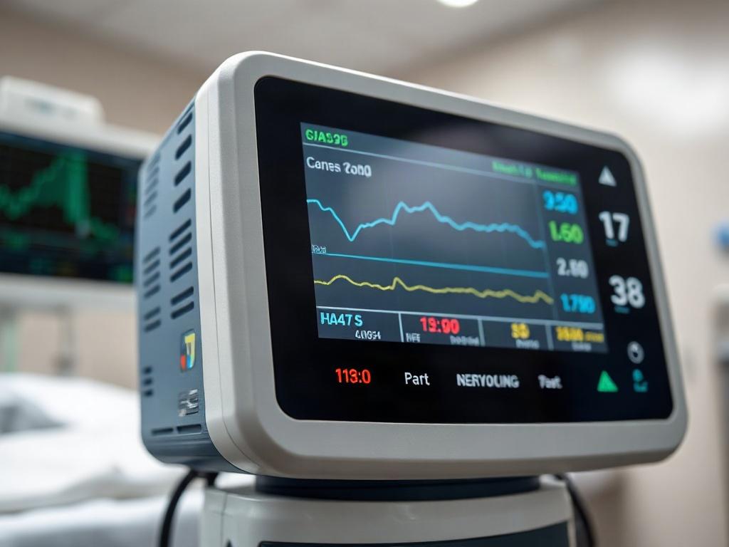 A close-up shot of a sophisticated patient monitoring device, showcasing its screen and features. The device should be displayed on a clinical background, highlighting its technology and functionality, with soft lighting to enhance its modern design.