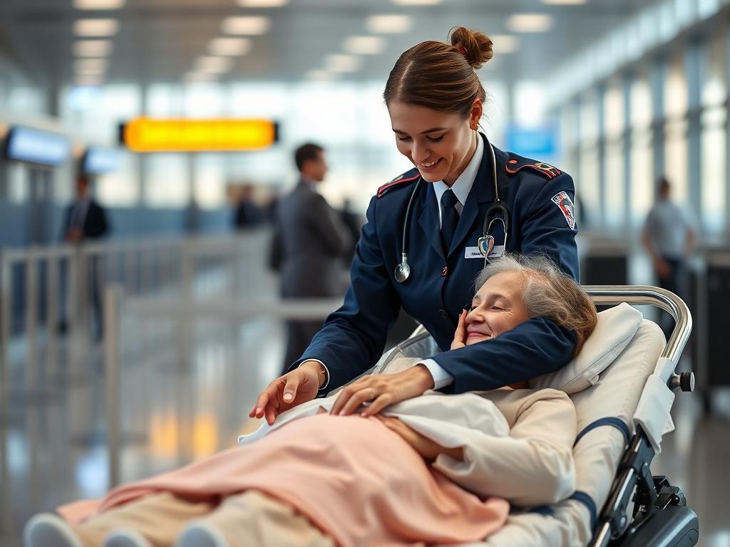 Generate a realistic high-resolution photo that encapsulates the essence of global medical escort care, reflecting the themes of trust, compassion, and expansion as outlined in the blog titled "2026 and Beyond: Expanding Global Medical Escort Care with AD Medical Air Assist." 

**Composition:** The image should feature a single subject in sharp focus, embodying the spirit of care and professionalism. 

**Subject Matter:** A caring and experienced medical escort, dressed in a smart, professional medical unif