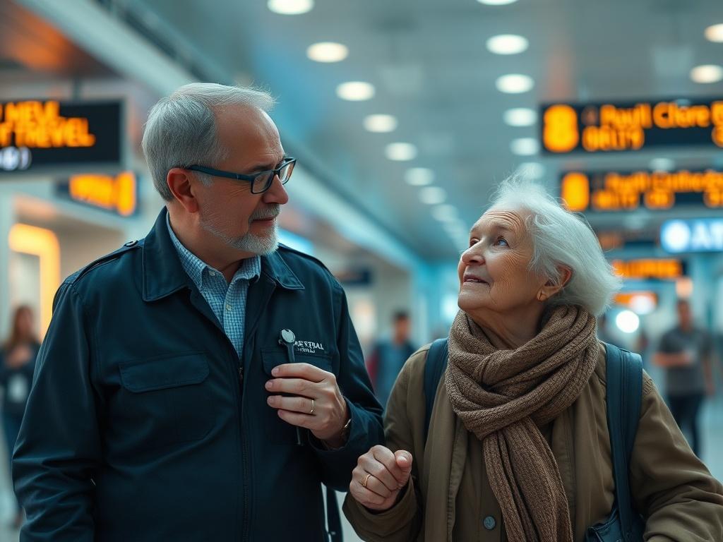 **AI Image Generation Prompt:**

Create a highly detailed, realistic high-resolution photo that captures the essence of warmth and care in a medical repatriation context. The composition should feature a single subject: a compassionate medical escort in uniform, gently assisting an elderly traveler who appears frail yet relieved. The scene should take place in an airport terminal, surrounded by warm lighting that signifies a safe, welcoming environment. 

The medical escort, a middle-aged professional with 