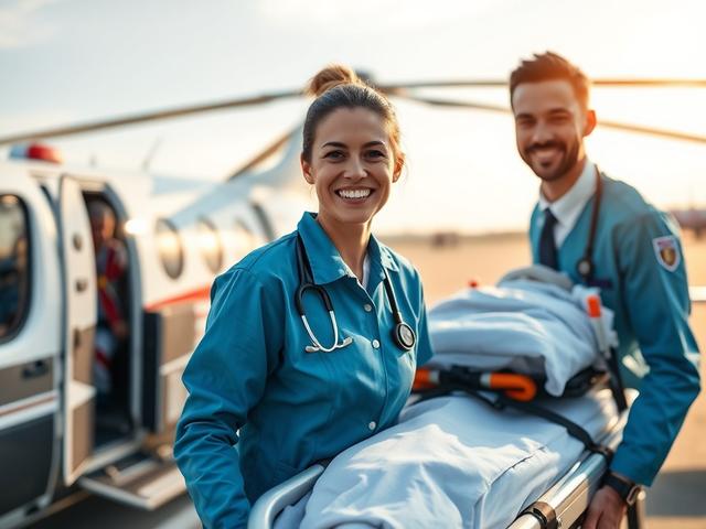 Create a hyper-realistic, high-resolution image focusing on one subject: a compassionate medical professional in a crisp, professional uniform, providing medical assistance to a patient being loaded onto an air ambulance. The medical professional should exude confidence and care, displaying a reassuring smile as they assist the stretcher. The background should depict a clear, sunny day at a bustling airfield with an air ambulance in the foreground, emphasizing the readiness and capability of the service. 

