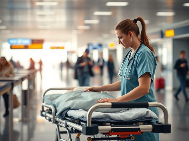 **AI Image Generation Prompt:**

Create a realistic, high-resolution photograph depicting a medical escort service in action during a repatriation journey. The subject of the image should be a compassionate, professional medical escort—a nurse or doctor—in a calm airport setting, providing care to a patient on a stretcher. The escort should be gently consulting with the patient, exhibiting a reassuring demeanor that conveys empathy and expertise. 

The composition should be simple and clear, focusing solely