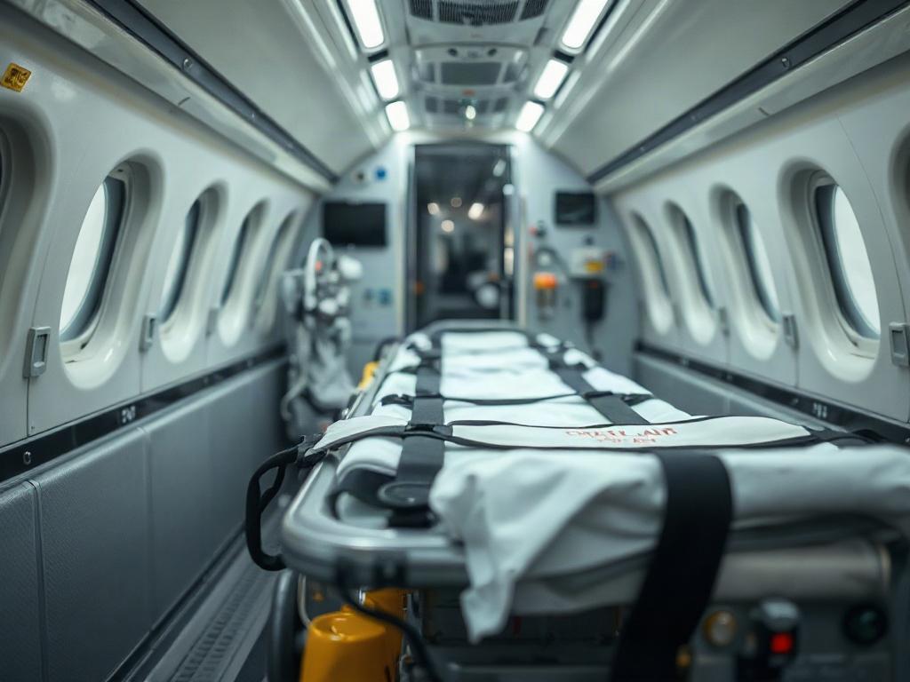 A close-up shot of a modern commercial stretcher in an aircraft, showcasing its features and comfort. The environment should reflect a clean and professional setting, highlighting the care and safety involved in medical transport. The primary color rgb(2, 86, 197) should be subtly integrated into the background or equipment.