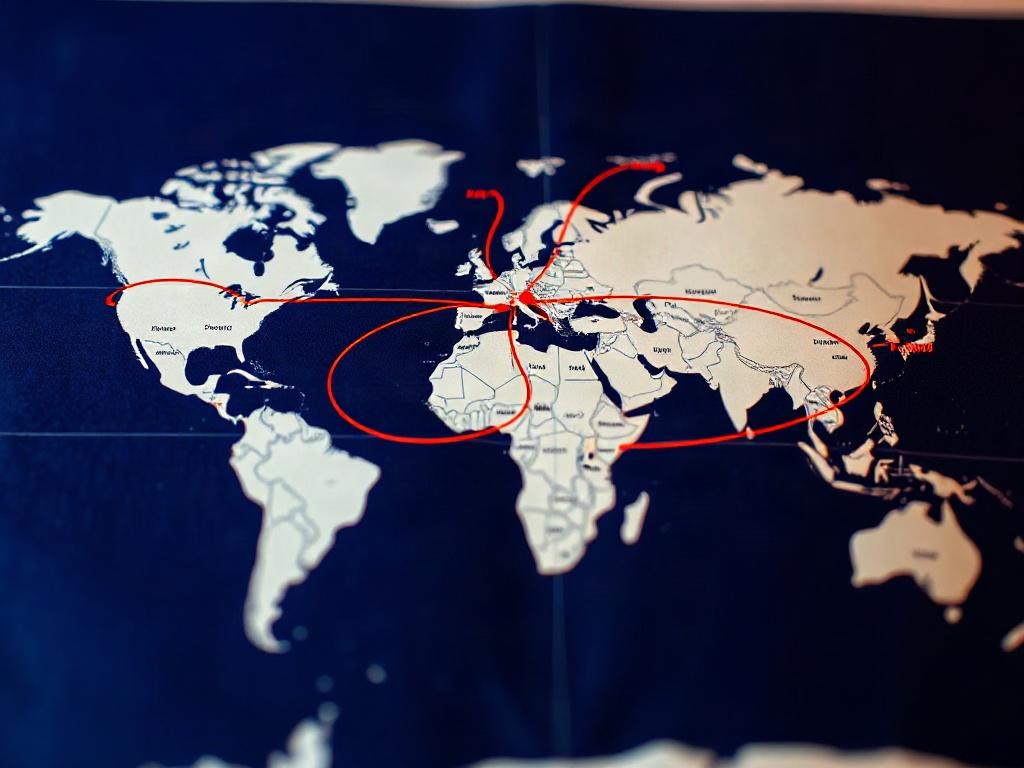 A close-up shot of a world map with highlighted routes showcasing global medical repatriation paths. The image should convey a sense of connectivity and professionalism, emphasizing the global reach of AD Medical Air Assist. The primary color rgb(2, 86, 197) should be incorporated into the map design.