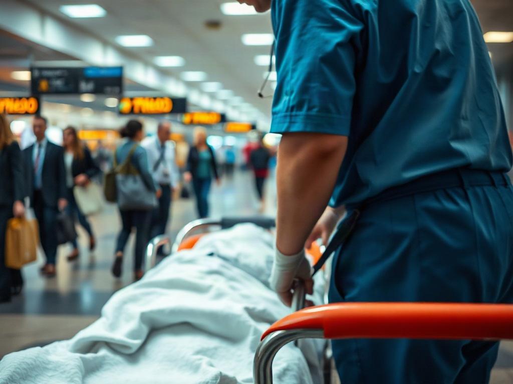 A close-up shot of a medical professional assisting a patient onto a stretcher in an airport setting, with a focused expression. The background should depict a busy airport terminal, emphasizing the professional and caring nature of the service. The lighting should be bright and realistic, using a color palette that incorporates the primary color rgb(2, 86, 197).