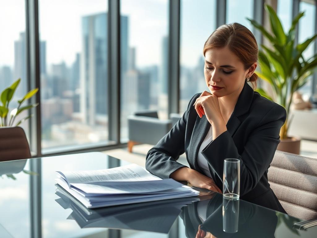 Create a realistic high-resolution image that captures the essence of the title "The Pitfalls of Traditional Procurement Models." The composition should be simple and clear, featuring a single subject: a business professional in a modern office setting. The individual should be a mid-30s Caucasian woman dressed in professional attire, looking thoughtfully at a document spread out on a sleek conference table, with her hand resting on her chin, implying contemplation and concern about procurement decisions.

