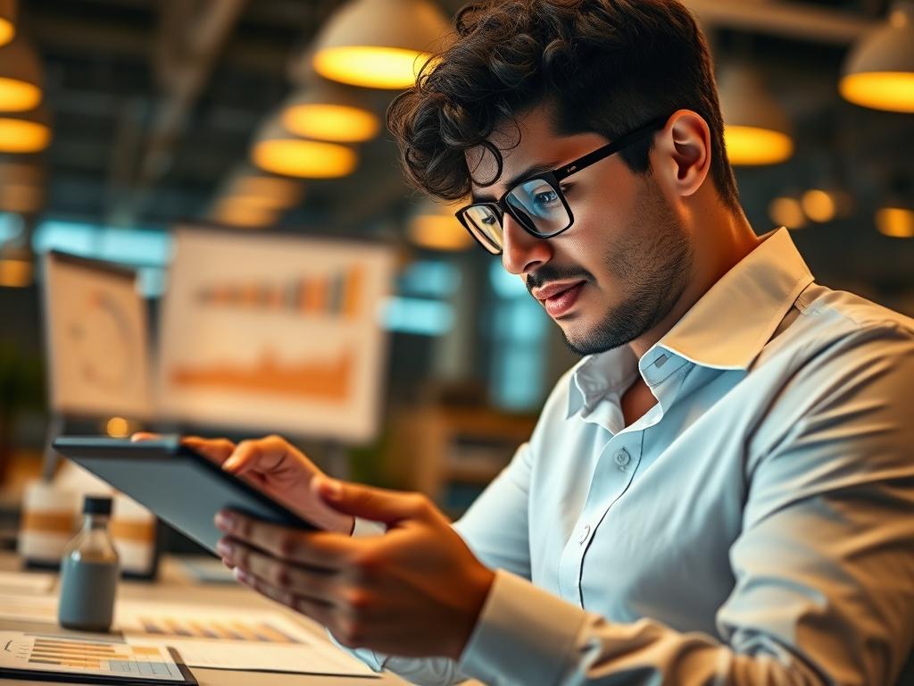 A close-up shot of a confident business professional analyzing procurement data on a tablet, surrounded by charts and graphs. The setting is a modern office with warm lighting, emphasizing productivity and efficiency. The subject is engaged and focused, showcasing the excitement of finding savings in procurement. The color palette includes shades of gold and vibrant yellows, harmonizing with the rgb(251, 209, 52) primary color.