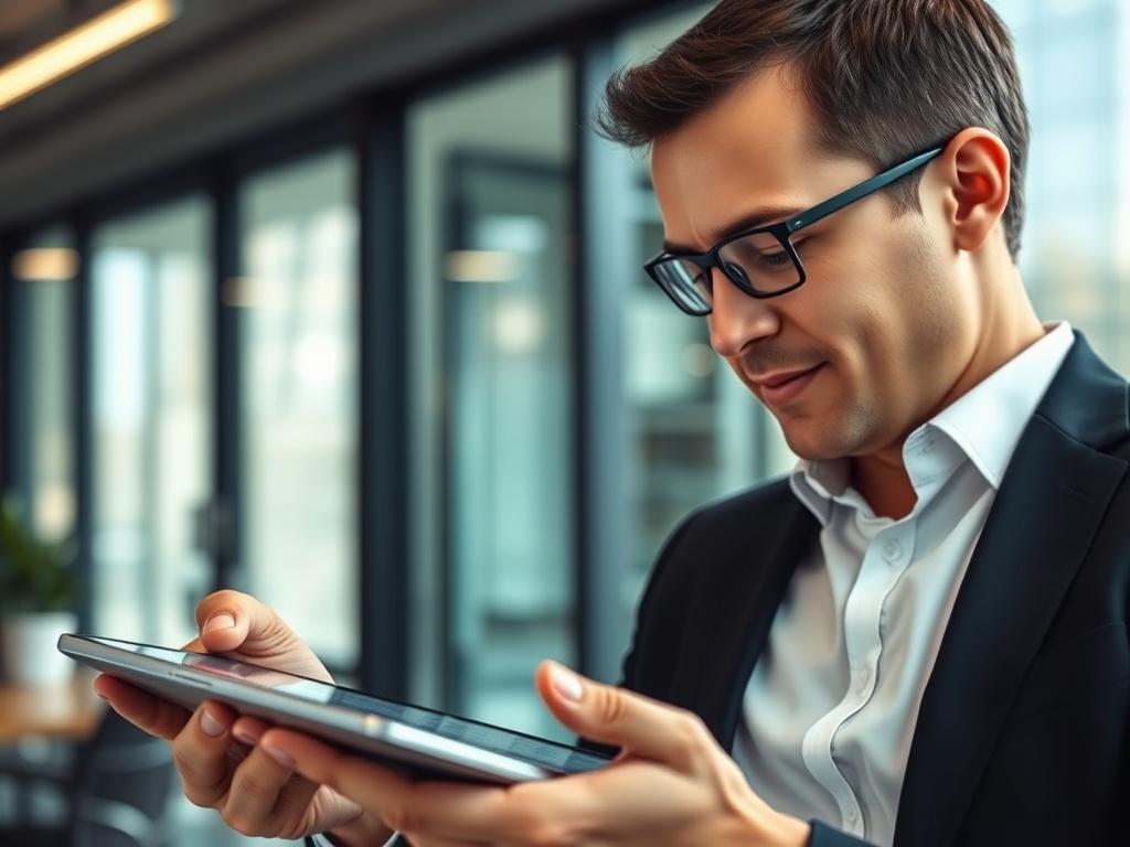 A realistic high-resolution image of a business professional reviewing a list of pre-vetted suppliers on a tablet, with a modern office environment in the background. The focus should be on the tablet screen, showing clear lists and data, symbolizing trust and efficiency in supplier selection.