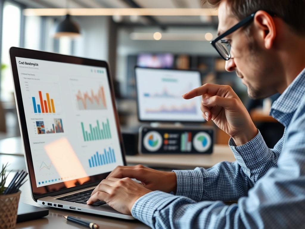 A close-up, high-resolution image of a business analyst examining graphs and charts on a laptop screen, focused on cost benchmarking. The background should depict a modern office with a collaborative atmosphere, emphasizing analytical thinking and strategic planning.