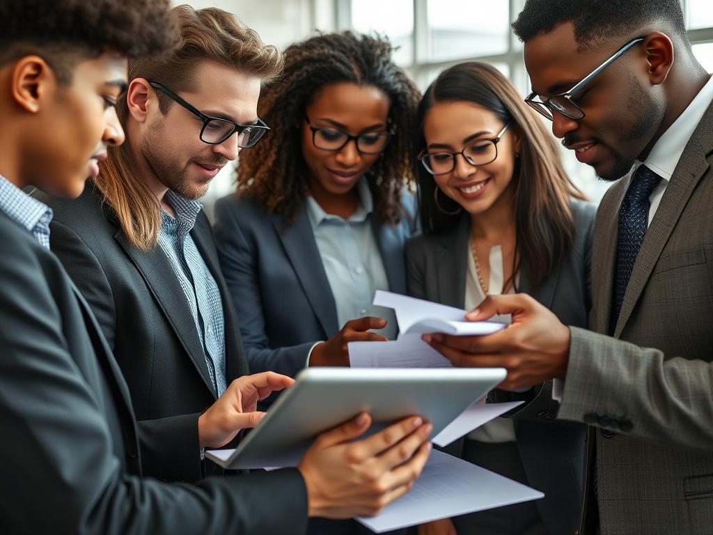 A high-resolution close-up image of a diverse team of professionals collaborating over a digital tablet and documents, showcasing a competitive bidding process. The background should be an office setting with natural light, highlighting teamwork and efficiency. The professionals should appear engaged and focused, conveying a sense of urgency and collaboration.