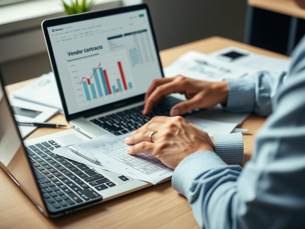A close-up of a business analyst reviewing vendor contracts and spreadsheets on a laptop, surrounded by notes and a calculator, indicating a detailed evaluation process.