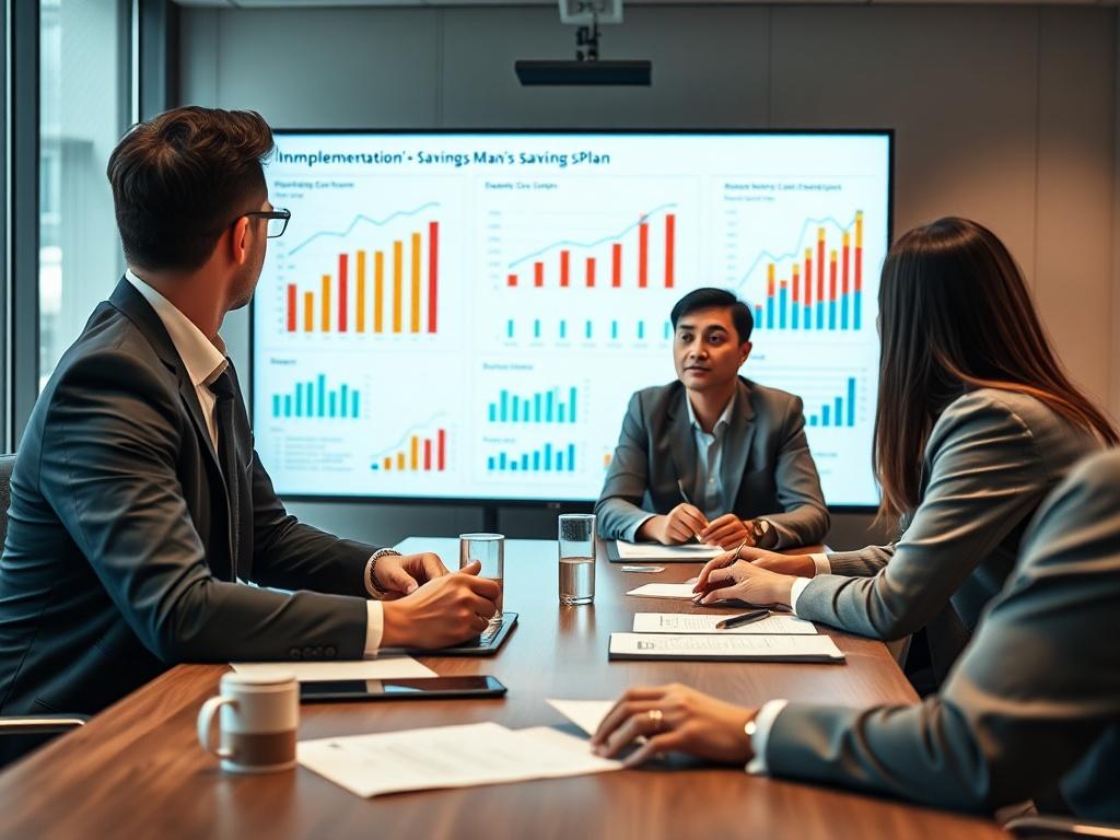 A team of professionals in a meeting room, engaged in discussions with charts and graphs on a screen, illustrating the implementation of a savings plan.