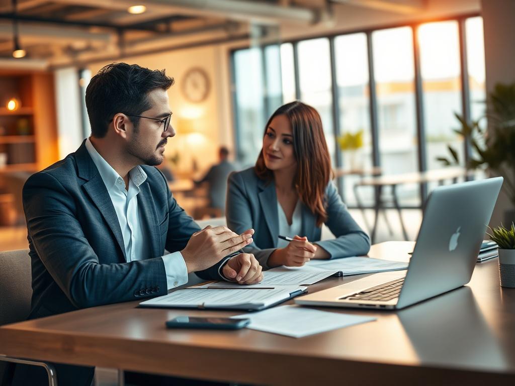A business professional discussing with a client at a modern office, with documents and a laptop open on the table. The background should be an inviting office space with warm lighting, emphasizing a collaborative atmosphere.