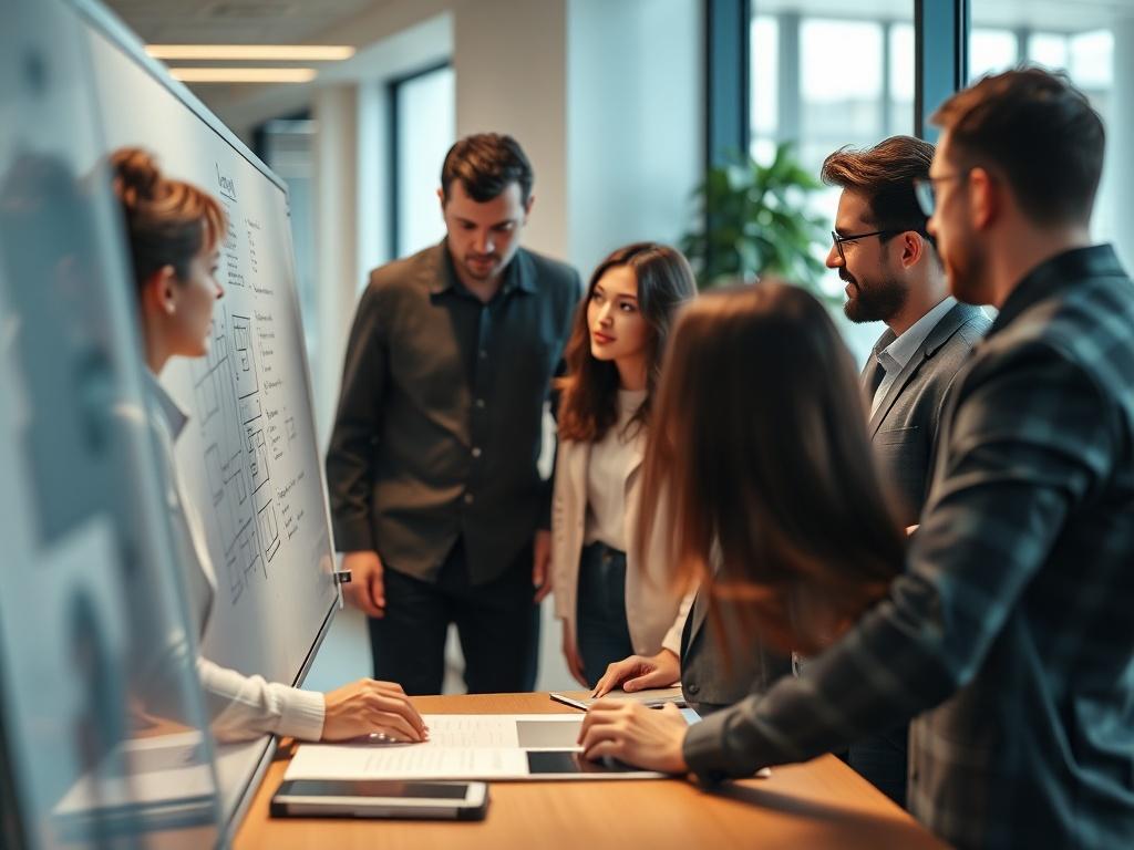 A close-up image of a team meeting in a modern office, where members are discussing a strategy on a whiteboard. The atmosphere is collaborative and dynamic, showcasing teamwork.