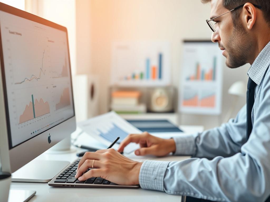 A close-up shot of a financial analyst working on a computer, analyzing graphs and charts related to cost comparisons. The setting is bright and organized, emphasizing a professional atmosphere.