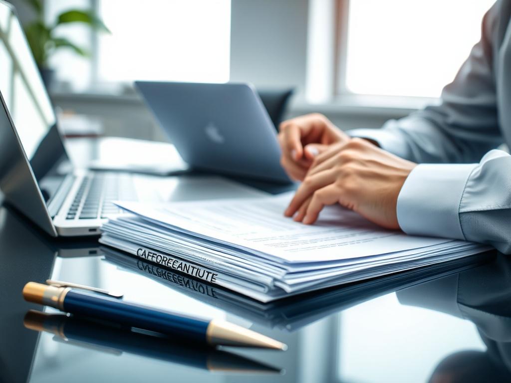 A close-up shot of a business consultant reviewing a stack of contracts and documents on a desk, with a laptop and a pen in the foreground. The setting is bright and professional, reflecting a focused atmosphere.