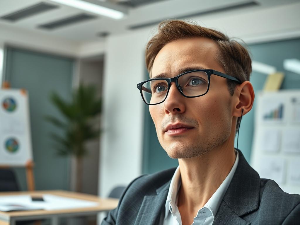 A close-up image of a business professional on a video call, discussing vendor agreements with a focused expression. The background features a modern office setting with a whiteboard and documents.
