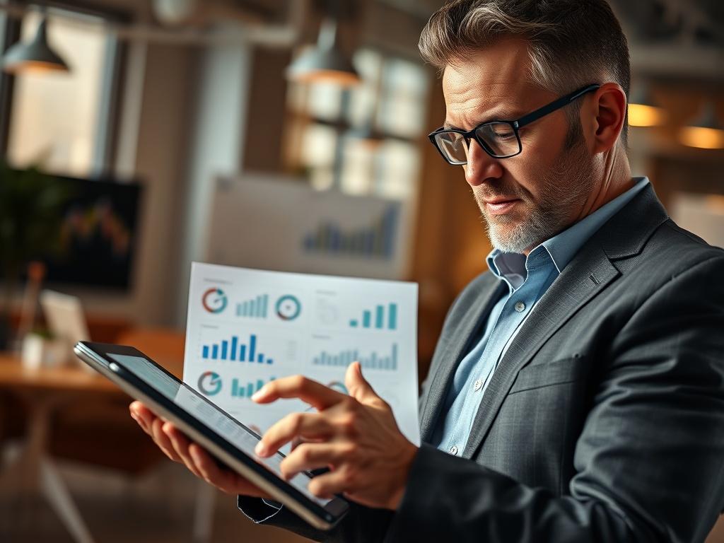 A close-up shot of a confident business leader analyzing procurement data on a digital tablet, surrounded by charts and graphs in a bright office environment. The background is blurred, emphasizing the subject's focus and determination. The lighting is warm, creating an inviting atmosphere, with a palette that complements rgb(251, 209, 52). The image should be shot with a 45mm f/1.2 lens to achieve a hyper-realistic effect.