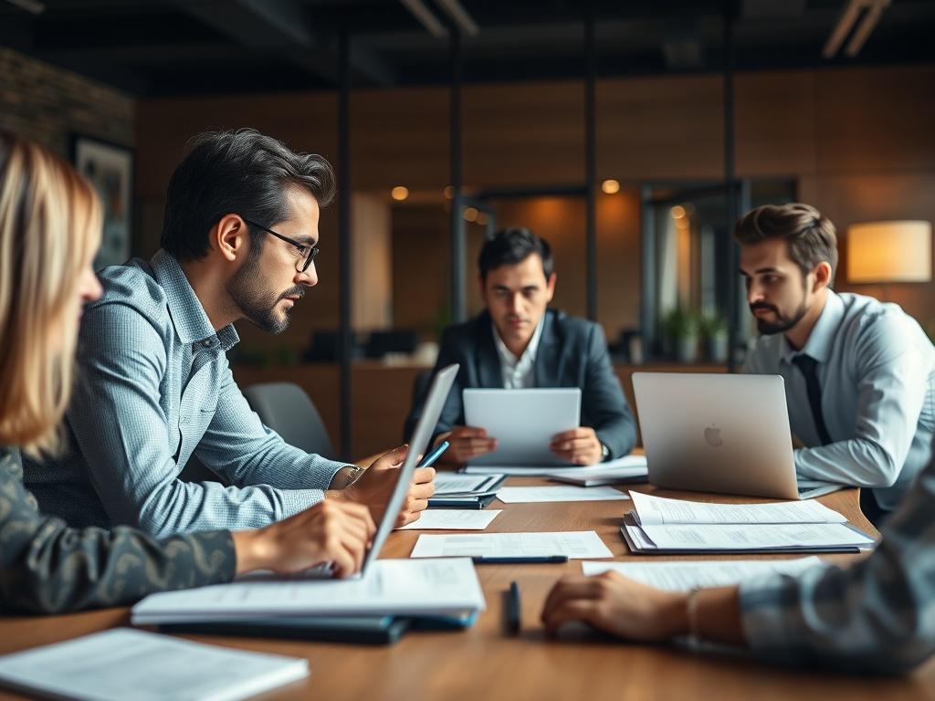 A close-up shot of a professional discussing implementation strategies with a team at a conference table, with laptops and documents spread out. The background should convey a sense of teamwork and progress, with warm lighting and a modern office feel.
