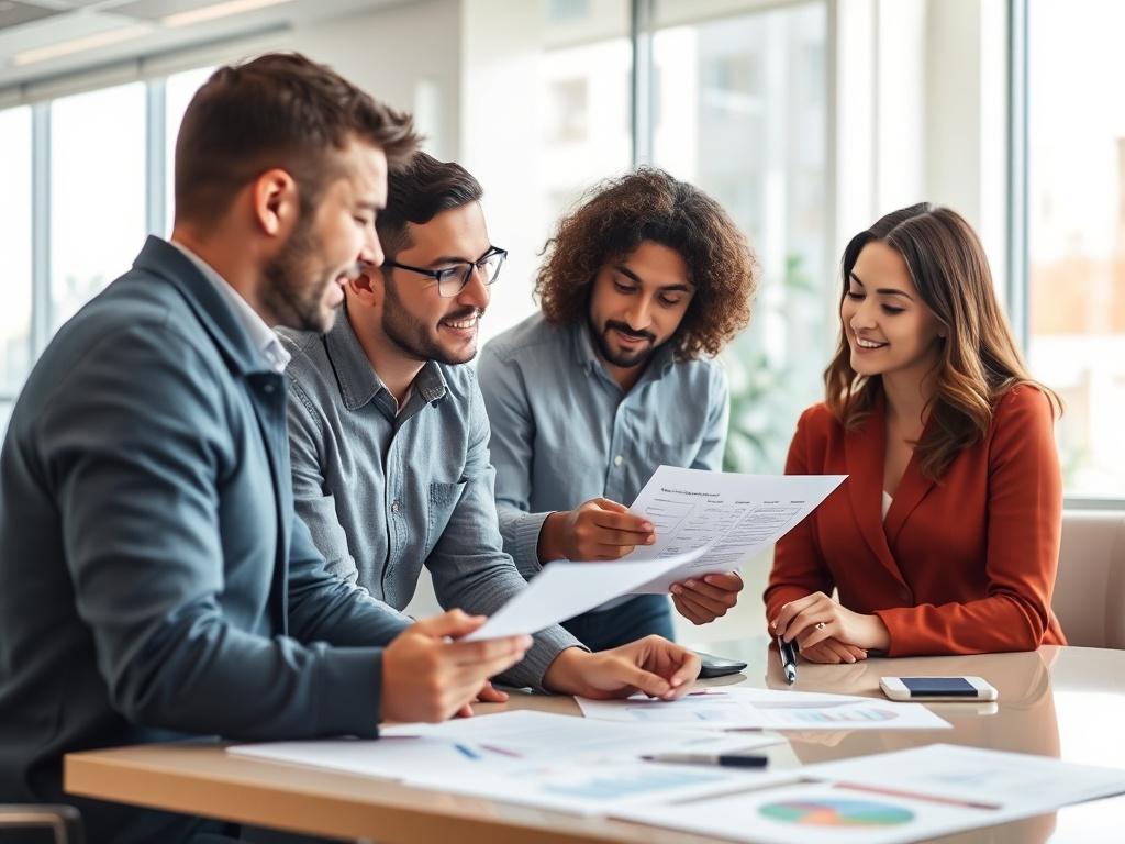 A close-up image of a team in a meeting room discussing a prioritized action plan with charts and notes visible. The focus should be on engagement and collaboration, set in a bright and modern office environment.