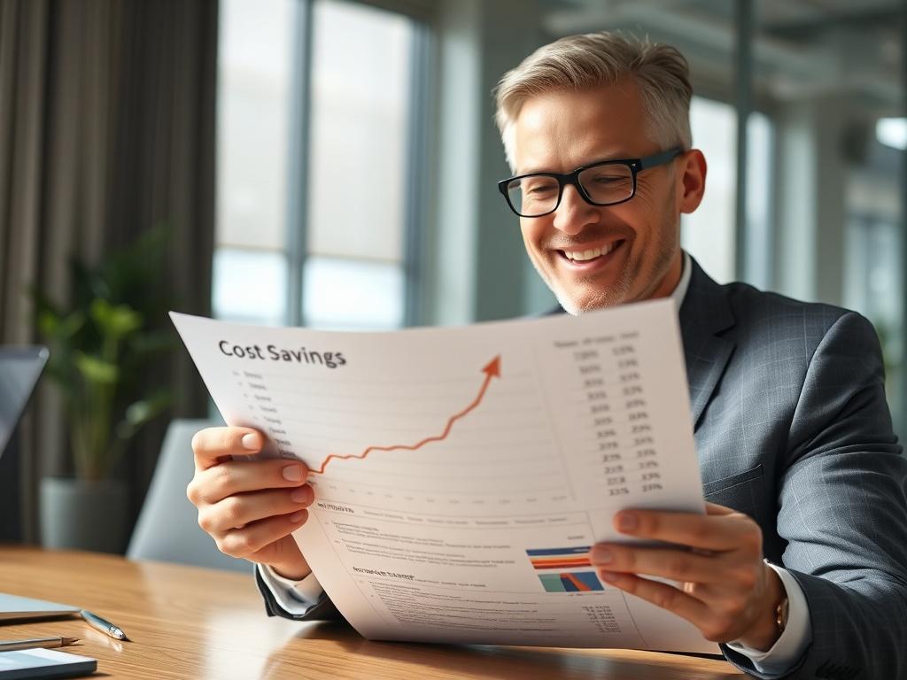 A satisfied business executive reviewing a financial report with a noticeable upward trend, in a bright conference room setting. The focus should be on the report showing cost savings, symbolizing success and achievement.