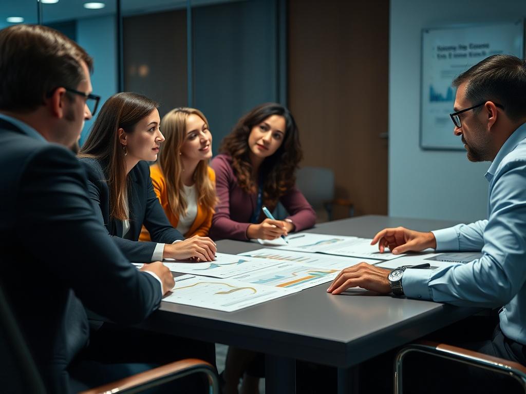 A close-up shot of a team of professionals discussing a prioritized action plan in a conference room, with charts visible on the table.