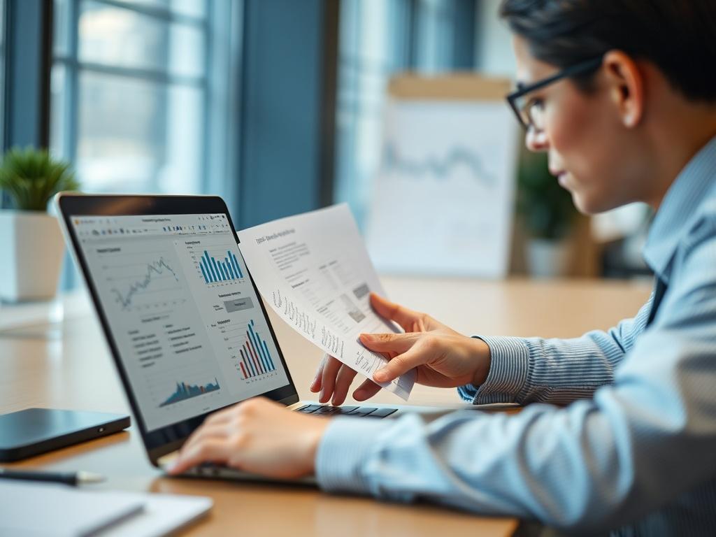 A close-up shot of a professional reviewing procurement documents and data on a laptop, set in a modern office environment with a clean background.