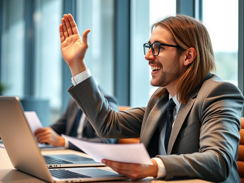 A close-up shot of a professional celebrating a successful procurement meeting, with documents and a laptop in view, indicating success.