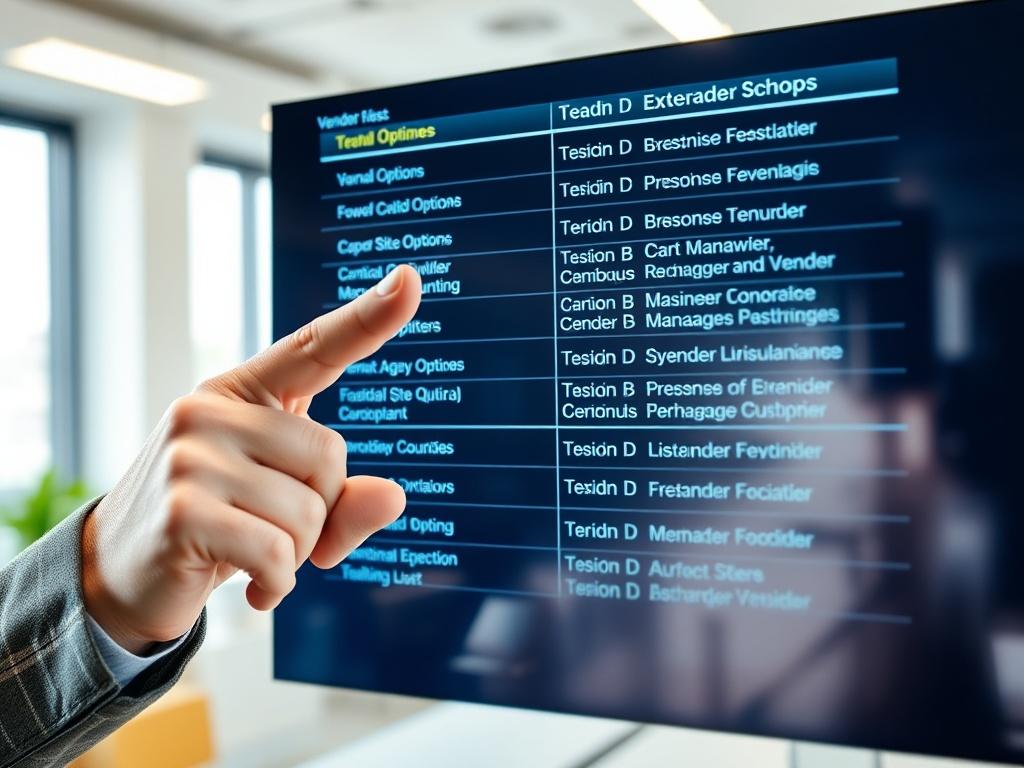 A close-up of a business leader confidently pointing at a list of vendor options on a digital screen, with a bright office backdrop. The image should convey decisiveness and clarity in decision-making.