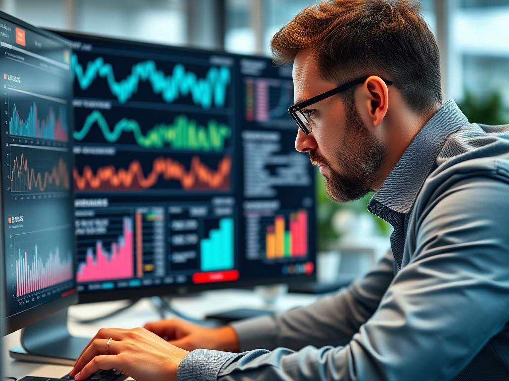 A close-up shot of a professional analyzing charts and graphs on a computer screen, set in a bright office with precise focus.