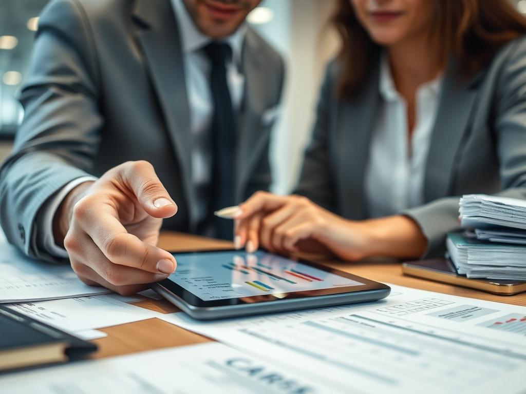 A business professional analyzing procurement data on a tablet, surrounded by documents on a desk, showcasing a modern office environment. The image should be bright and inviting, emphasizing clarity and efficiency in the procurement process.