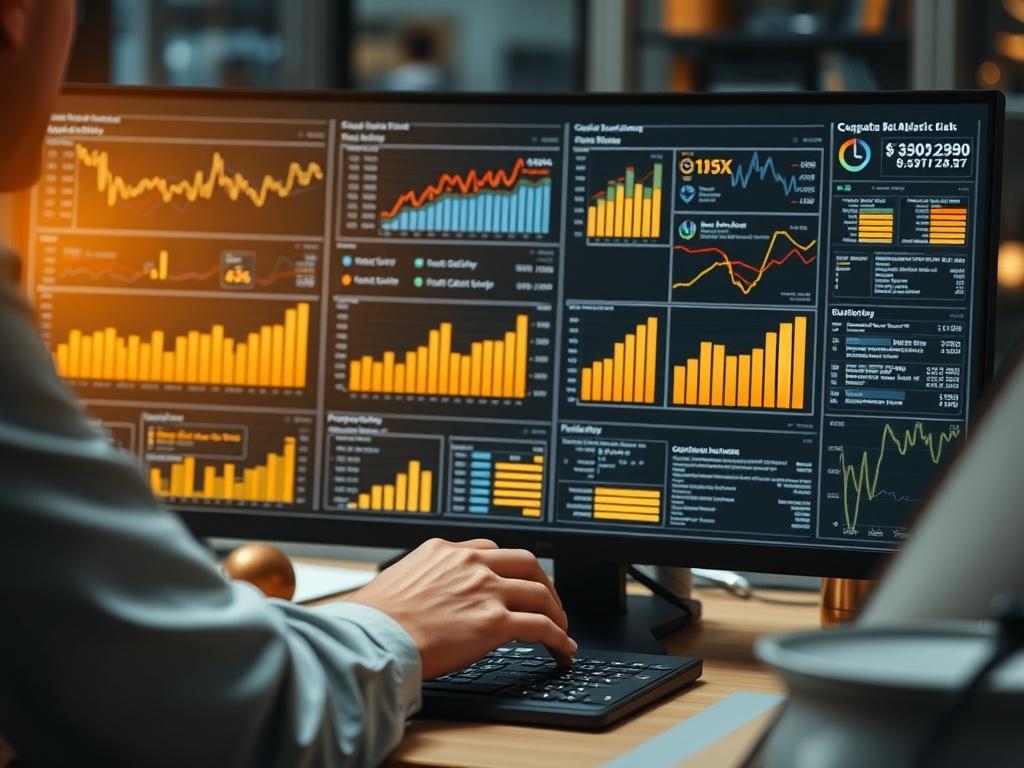 A close-up shot of a business analyst reviewing cost data on a computer screen filled with charts and graphs. The workspace is modern and organized, featuring elements of gold color to capture attention and convey professionalism.