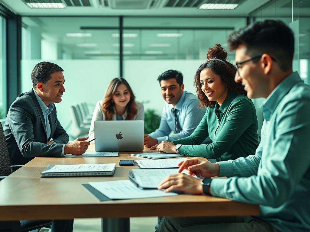 Create a clean, green-themed hero section for a B2B procurement optimization firm. The image should feature a professional office environment with a focus on collaboration and success. Include a diverse group of business professionals engaged in a discussion around a conference table, with documents and laptops present. The lighting should be bright and inviting, creating a sense of energy and optimism. The color palette should incorporate shades of green to emphasize growth and sustainability.