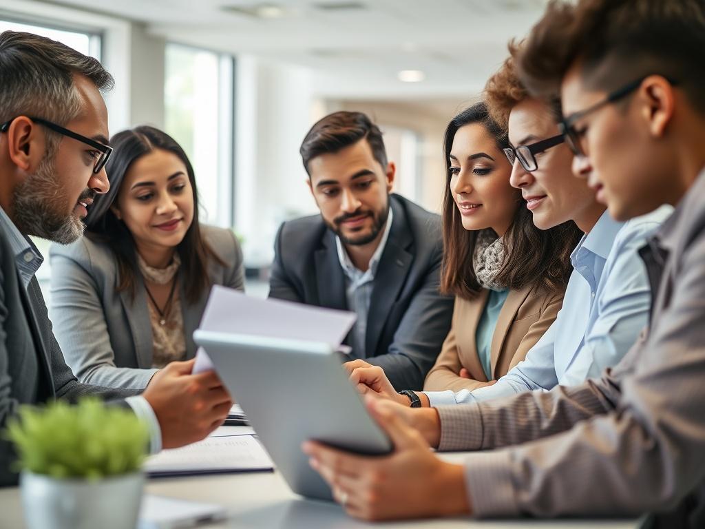 A close-up shot of a professional business meeting with diverse individuals discussing procurement strategies, surrounded by documents and a laptop, set in a bright office environment. The composition focuses on the engaged expressions of participants, showcasing collaboration and professionalism.