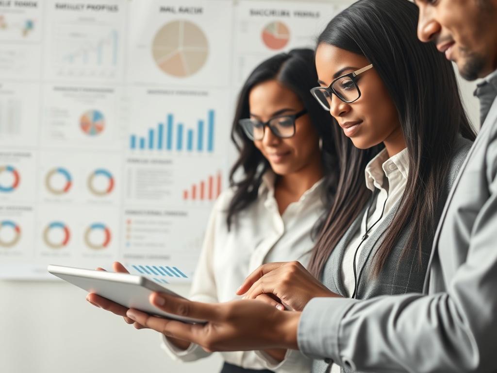 A hyper-realistic close-up image of a supplier selection process, featuring a diverse team of professionals reviewing supplier profiles on a tablet, with a backdrop of charts and graphs indicating successful vendor relationships, illuminated by natural light.