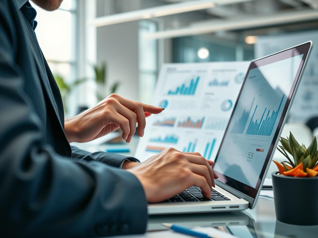 A close-up shot of a business professional analyzing procurement data on a laptop, surrounded by charts and graphs in a bright office environment.