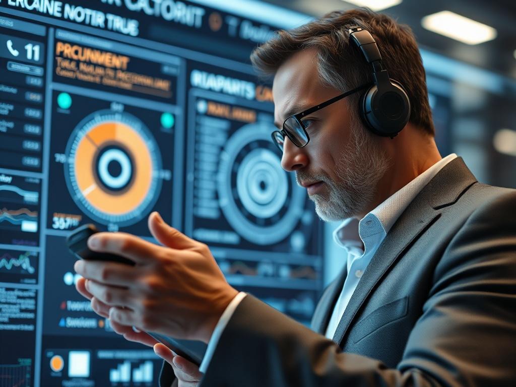 A close-up shot of a technology executive reviewing procurement strategies with a futuristic digital display in the background.