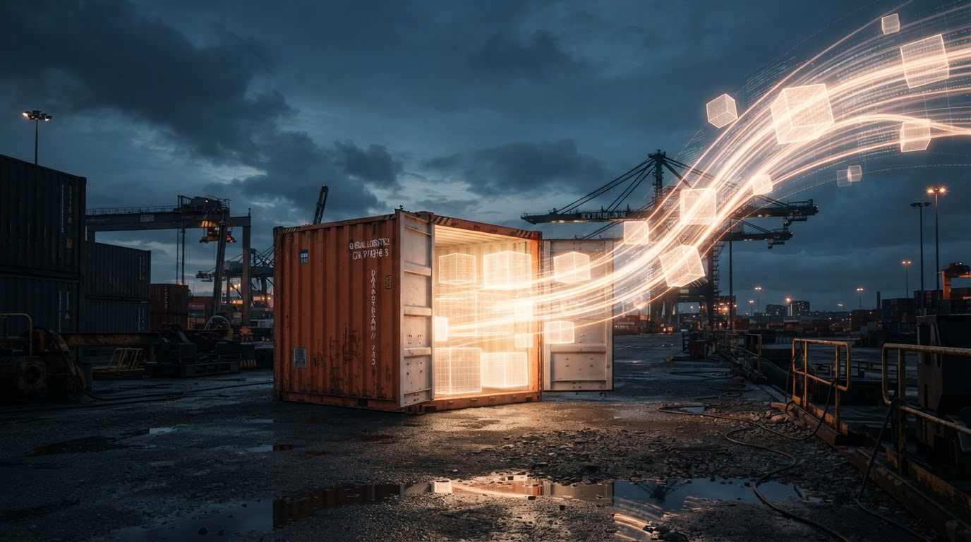 A physical shipping container opening into glowing digital container blocks and data streams