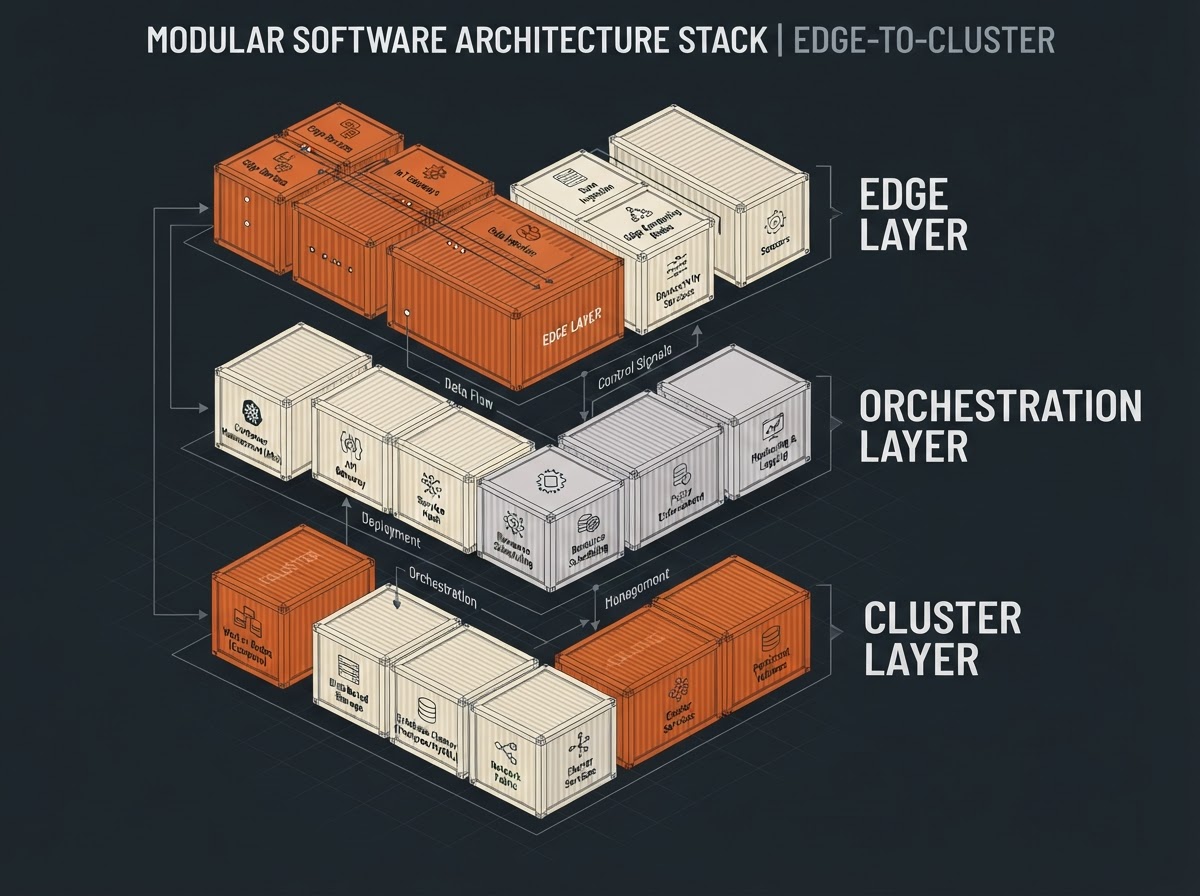 Isometric diagram of stacked modular container blocks connected across edge, orchestration, and cluster layers