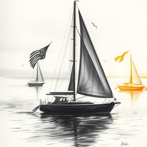 Charcoal illustration of sailboat at sunrise