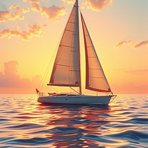 Realistic illustration of sailboat at sunrise