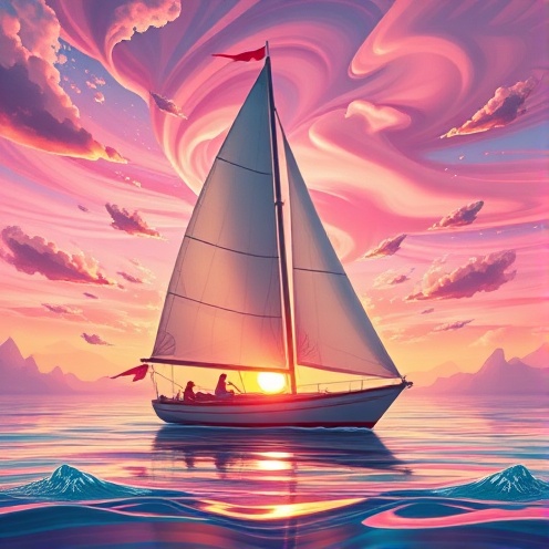 Surreal illustration of sailboat at sunrise