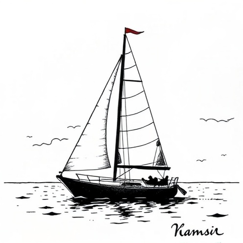 Ink illustration of sailboat at sunrise