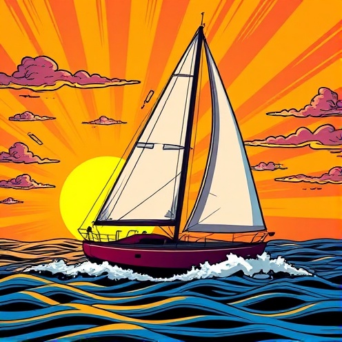 Comic style sailboat at sunrise
