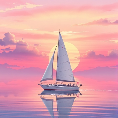Anime style sailboat at sunrise